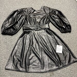 Size 4 Black faux backless/criss cross leather dress with puffy sleeves and belt
